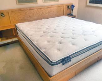 1980s golden oak furniture: king bed with built-in nightstands