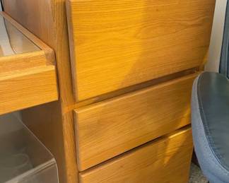 1980s golden oak furniture: office media organizer with cabinets and fold-down sides, office desk and file cabinet