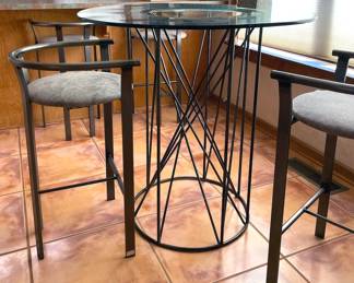 Glass high-top table, tall chairs (5)