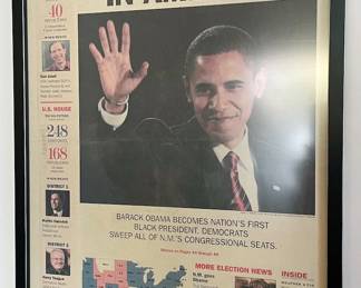 Barack Obama presidential ephemera, Time magazine, framed election win newspaper cover, Christmas cards, photos
