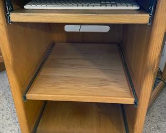 1980s golden oak furniture: office media organizer with cabinets and fold-down sides, office desk and file cabinet