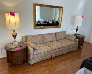 Vintage Sofa, Large gold framed beveled mirror, Pair of 1960's Stiffel lamps with white porcelin accents