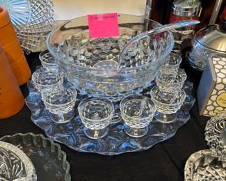 Cubist Fostoria Punch bowl with large plate and 12 footed punch cups! Beautiful!