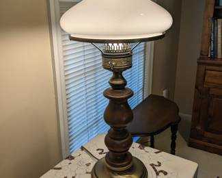 Brass and wood lamp with white glass shade