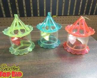 3 Vintage Hard Plastic Spinner Twinkler Birdcage Christmas Ornaments, Colors Blue, Yellow and Red