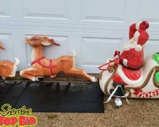 Vintage 1970 Empire Santa Claus Sleigh and 2 Reindeer Blow Molds. Plastic Reins with Bells