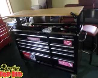 OFFSITE PICK UP Husky Rolling Tool Chest with Hand Crank Adjustable Top Bench on Casters Full of tools