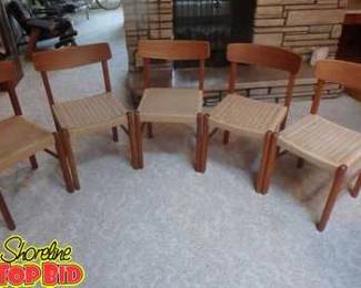 5 MidCentury Danish Modern Teak Rope Woven Dining Chairs  the Rope is Intact  K.D. Furniture