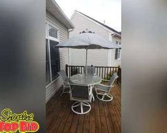 7piece Patio Set, 2 Swivel Rockers and 2 Stacking Chairs, Umbrella, Base  Table