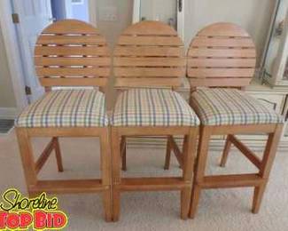 3 Solid Wood Bar Stools with Upholstered Seat, Very Nice Sturdy, Solid
