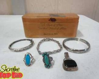 Pine Chest with 6 pieces of sterling silver all marked  3 bracelets  2 all silver