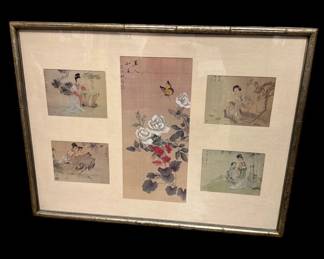 Framed Asian Art Ladies and Flowers