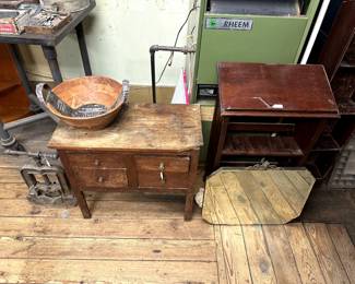 mirror, wood bowl, book shelf