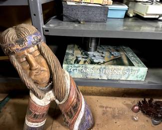 camp lantern, carved indian head