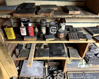 various glues and oil containers, wood block bronze letterpress cuts