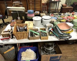 enamel pans, enamel pots, silver plate, utensils