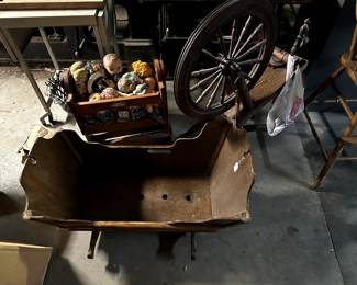 wood baby cradle, Antique wooden spinning wheel