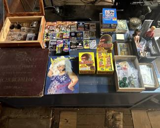 sealed 1990 fleer basketball wax packs, hockey cards, star trek cards, sunglasses, disney stamps, boyscout patches, doll, interview magazine