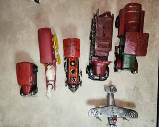 Replica cast iron toy cars, train, truck, horse and buggy plus more