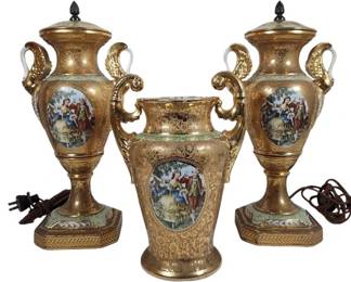 Vintage Le Mieux 24kt Gold Leaf Lamps & Vase