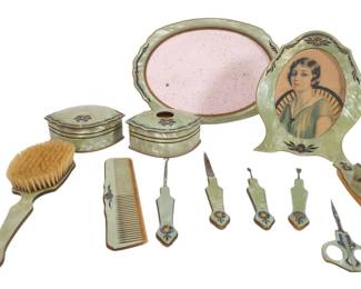 Vintage Art Deco Green Celluloid Dresser Set