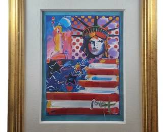 Peter Max Signed Mixed Media Gold Bless America