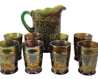 Northwood Green Carnival Glass 8 Piece Water Set
