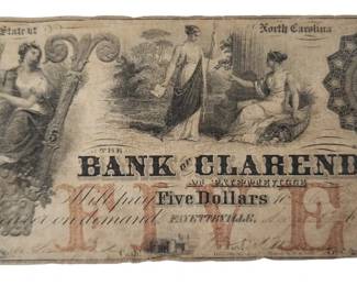 1855 Fayetteville, NC Bank of Clarendon $5 Note