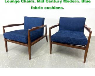 Lot 1443 Pr Edmond Spence style Open Arm Lounge Chairs. Mid Century Modern. Blue fabric cushions. 