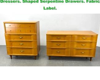 Lot 1165 2pc J.B. Van SCIVER Blond MCM Dressers. Shaped Serpentine Drawers. Fabric Label.