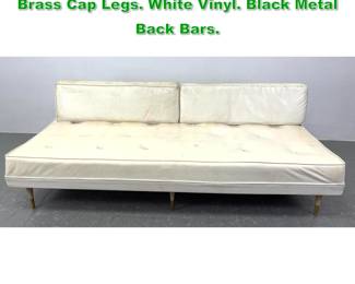 Lot 1378 Mid Century Daybed. Tapered Wood Brass Cap Legs. White Vinyl. Black Metal Back Bars. 