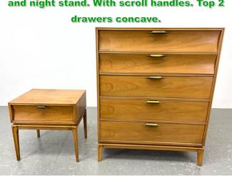 Lot 1154 2pc LANE light wood High chest and night stand. With scroll handles. Top 2 drawers concave. 