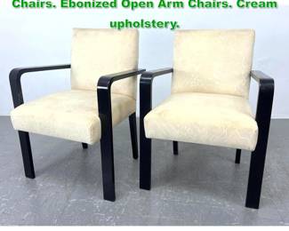 Lot 1405 Pr French Art Deco Arm Lounge Chairs. Ebonized Open Arm Chairs. Cream upholstery. 