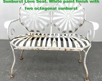 Lot 1548 French Iron Francois Carre style Sunburst Love Seat. White paint finish with two octagonal sunburst 