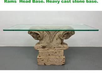 Lot 1397 Glass Top Console Table. Double Rams Head Base. Heavy cast stone base. 