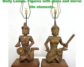 Lot 1291 Decorator Hand Carved Gilt Wood Deity Lamps. Figures with glass and mirror tile elements. 