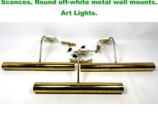 Lot 1226 3pc Horizontal Brass Shade Wall Sconces. Round offwhite metal wall mounts. Art Lights.