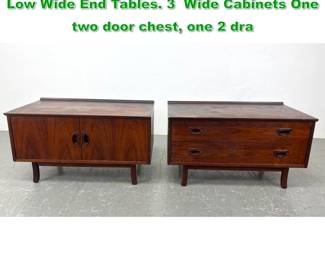 Lot 1157 2pc American Modern Walnut Side Low Wide End Tables. 3 Wide Cabinets One two door chest, one 2 dra