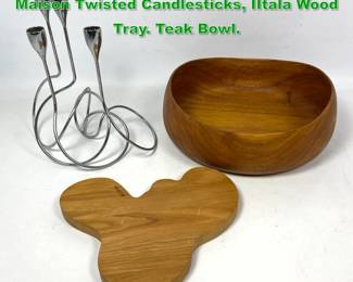 Lot 1565 Mid Century Modern Lot. Loop Maison Twisted Candlesticks, IItala Wood Tray. Teak Bowl.