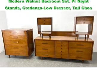 Lot 1140 5pc JOHN STUART American Modern Walnut Bedroom Set. Pr Night Stands, CredenzaLow Dresser, Tall Ches