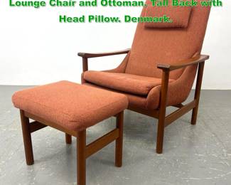 Lot 1421 2pc Danish Modern Teak Frame Lounge Chair and Ottoman. Tall Back with Head Pillow. Denmark.