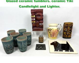Lot 1586 Design Lot. Isla Del Sol Puerto Rico Glazed ceramic tumblers. ceramic Tiki Candlelight and Lighter. 