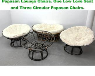 Lot 1607 4pc Wrapped Rattan Frame Papasan Lounge Chairs. One Low Love Seat and Three Circular Papasan Chairs.