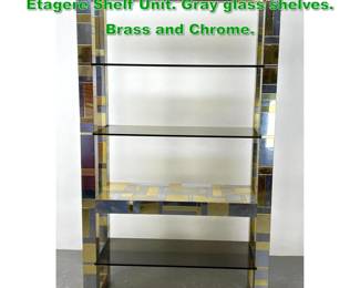 Lot 1193 Signed Paul Evans City scape Etagere Shelf Unit. Gray glass shelves. Brass and Chrome. 