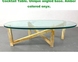 Lot 1336 Designer Onyx and Glass Coffee Cocktail Table. Unique angled base. Amber colored onyx. 