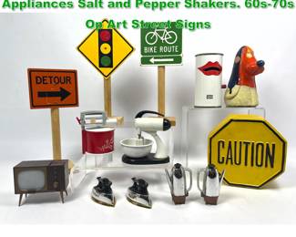 Lot 1573 Colorful Collection of 50s Miniature Appliances Salt and Pepper Shakers. 60s70s Op Art Street Signs