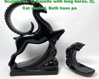 Lot 1234 2pc HAEGER Black Glazed ceramic Sculptures. 1 Gazelle with long horns. 2. Cat seated. Both have pa