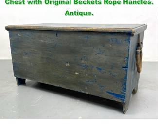 Lot 1147 Blue Painted Pine Primitive Sea Chest with Original Beckets Rope Handles. Antique.
