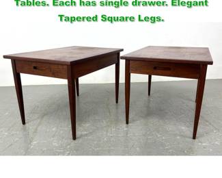 Lot 1455 Pr American Modern Walnut Side Tables. Each has single drawer. Elegant Tapered Square Legs. 