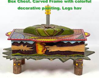 Lot 1599 Artisan Hand Painted Wood Lidded Box Chest. Carved Frame with colorful decorative painting. Legs hav